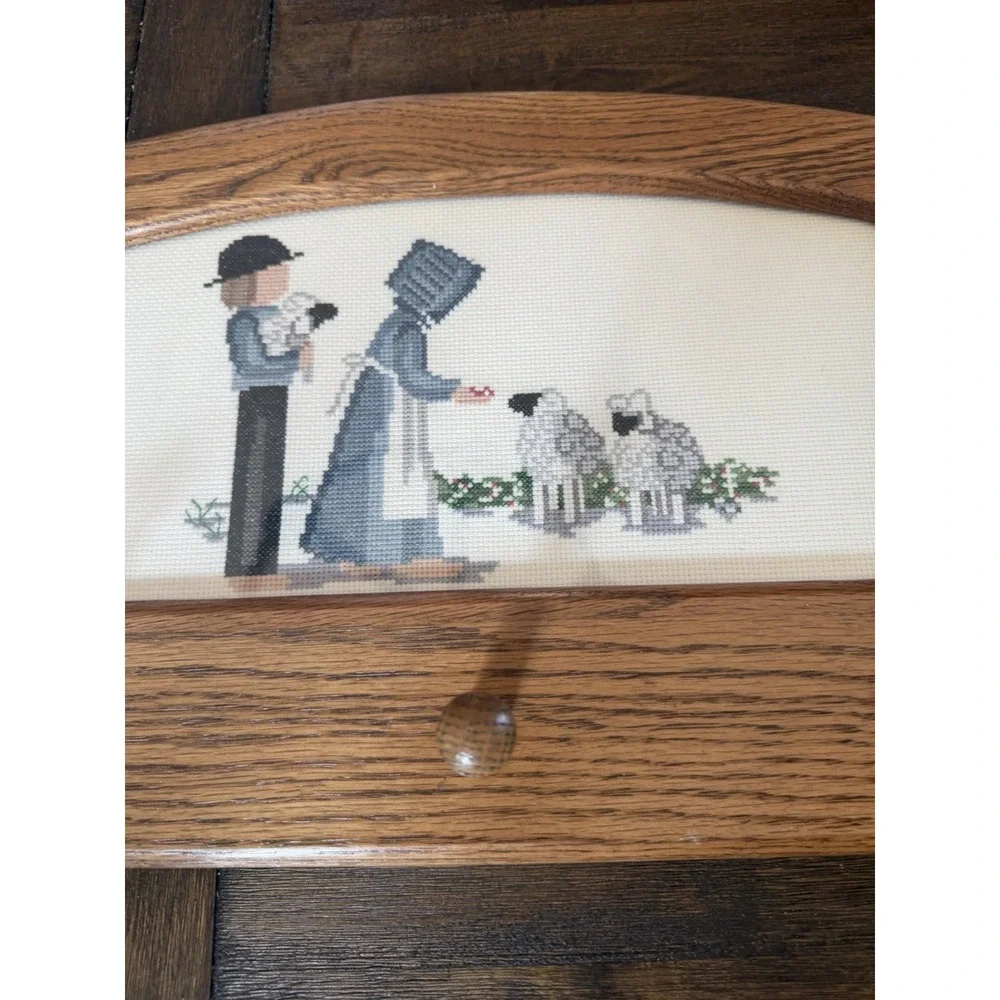 Vintage Oak Wood Wall Coat Rack Cross Stitch Amish Couple Sheep 3 Peg Folk Art
